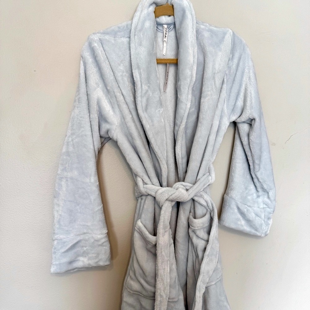 SOMA Plush Fleece Short Robe in Blue Mist - Picture 2 of 8